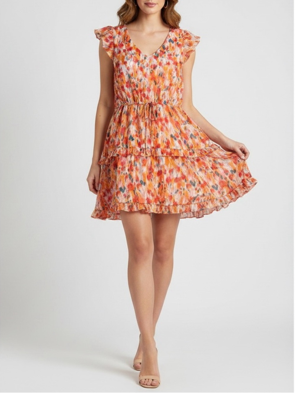 V-Neck Tiered Mini Dress in Orange Multi Floral